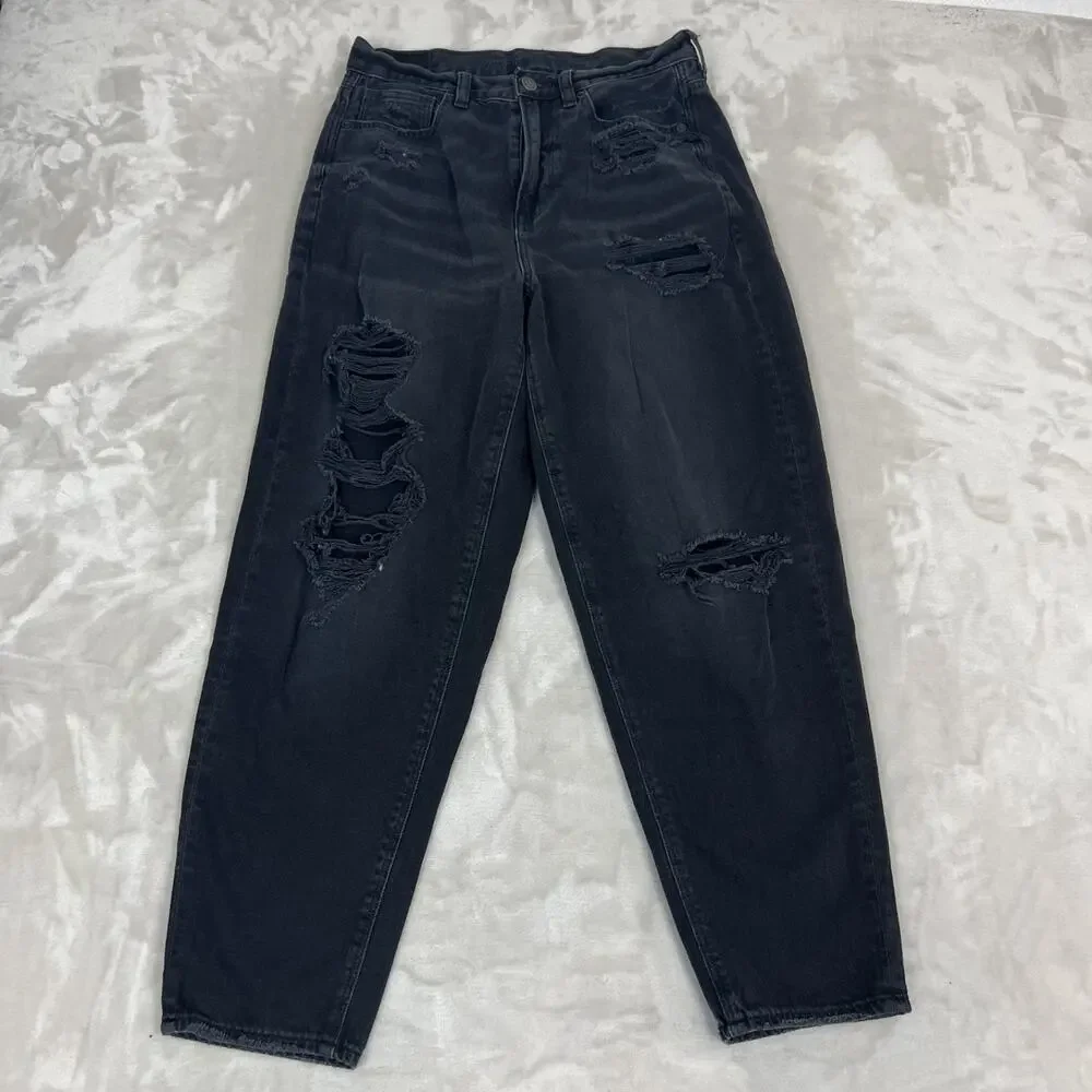 American Eagle Jeans Womens 6 Black Relaxed Mom Distressed Baggy Grunge Skater